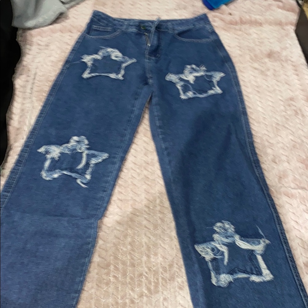 Women's Blue Jeans with White Embroidery